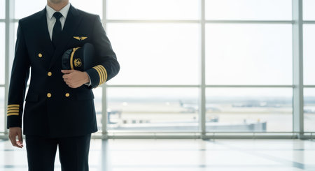 Male airline pilot in uniform holding cap at airport terminalの素材