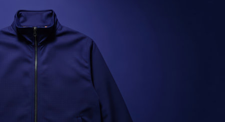 Navy blue jacket on dark background with zipper and high collar designの素材