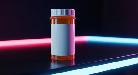 Prescription pill bottle on reflective surface with neon lighting effectsの素材