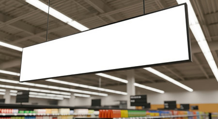 Blank hanging sign in grocery store aisle with shelves of productsの素材