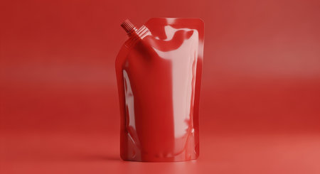 Red flexible spout pouch on solid red backgroundの素材