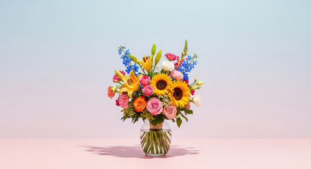 Vibrant floral bouquet in glass vase against pastel backgroundの素材