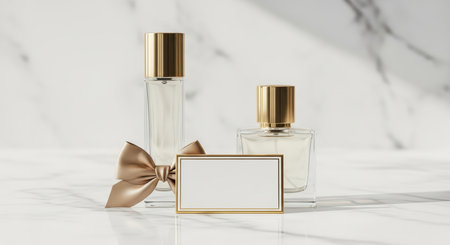 Elegant perfume bottles with gold caps and decorative bow on marble surfaceの素材