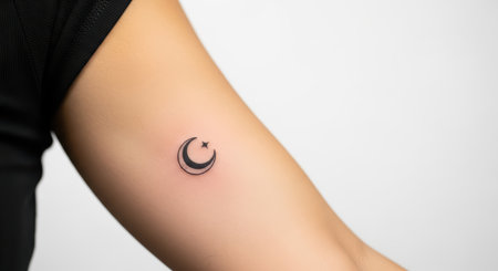 Minimalist moon and star tattoo on arm of young adultの素材