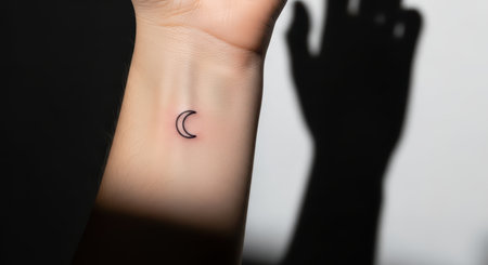 Minimalistic crescent moon tattoo on female's inner wrist in soft lightの素材