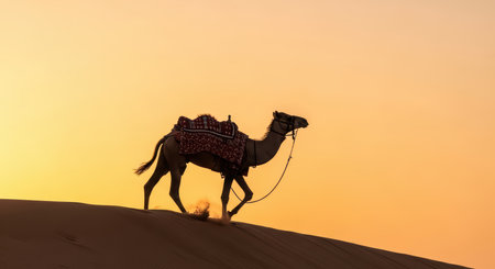 Solitary camel walking across desert dunes at sunsetの素材