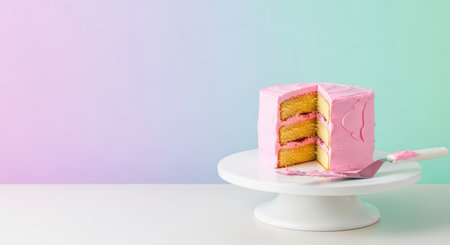 Pink frosted layer cake on white stand with pastel backgroundの素材