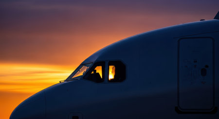 Silhouette of airplane nose against vibrant sunset skyの素材