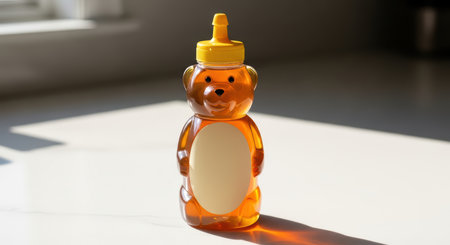 Bear-shaped honey bottle with yellow cap in sunlightの素材