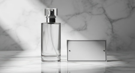 Elegant glass perfume bottle on marble surface with blank label displayの素材