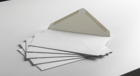 Stack of white envelopes on a white surfaceの素材