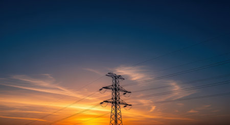 Silhouette of high-voltage power line tower against vibrant sunset skyの素材