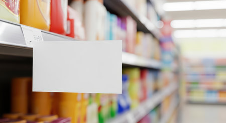 Blank price tag on retail shelf in supermarket aisle close-upの素材