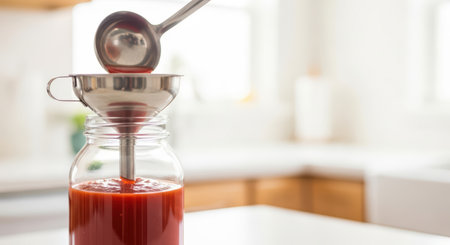 Homemade tomato sauce being poured into jar using funnel in kitchenの素材
