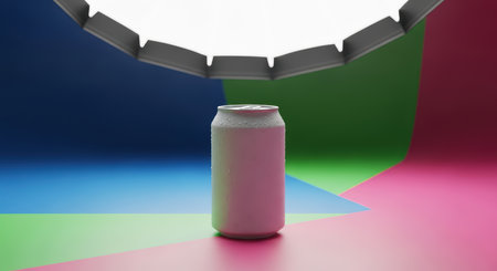Chilled beverage can on colorful geometric background under modern lightingの素材