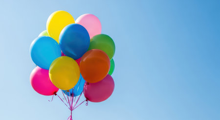 Colorful balloons floating against a clear blue skyの素材