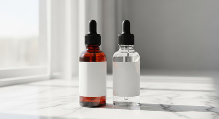 Amber and clear dropper bottles on marble surface with soft lightingの素材