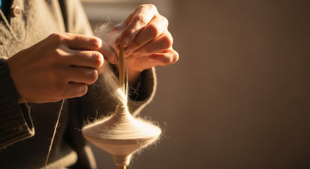 Hands spinning wool on drop spindle in sunlit roomの素材