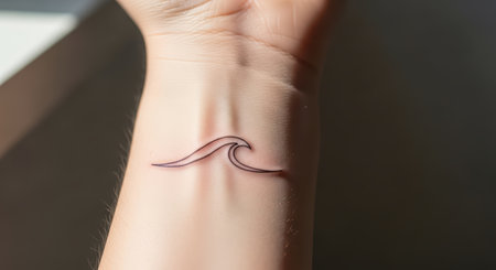 Minimalist wave tattoo on light skin wrist in natural lightの素材