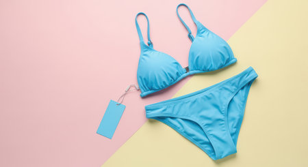 Blue bikini set on colorful background with tagの素材