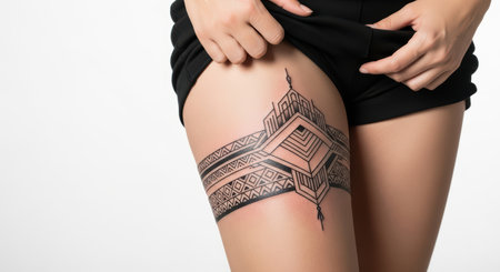 Asian female young showing intricate geometric thigh tattoo art in black inkの素材