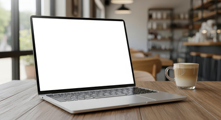Open laptop with blank screen on wooden table next to coffee cup in cozy cafeの素材