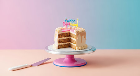 Colorful birthday cake with candles on pink and blue backgroundの素材