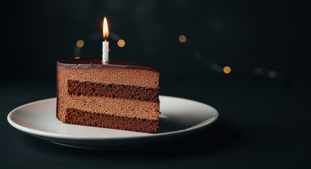 Chocolate layer cake slice with candle on dark background: celebratory dessert sceneの素材