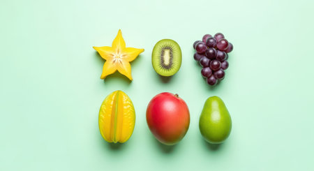 Fresh tropical fruits assortment on light green backgroundの素材