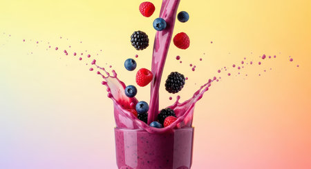 Vibrant mixed berry smoothie splash with blueberries, raspberries, blackberriesの素材