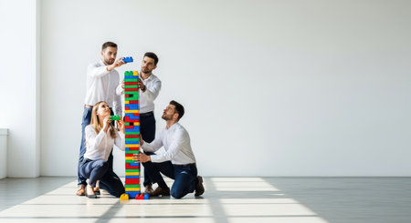 Group of young caucasian adults building block tower in bright roomの素材