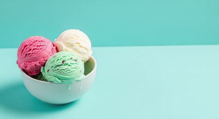 Colorful scoops of ice cream in bowl against aqua backgroundの素材