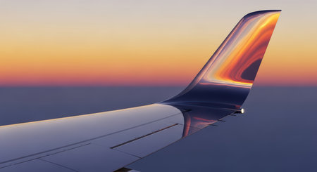 Colorful sunset reflection on airplane wing during flightの素材