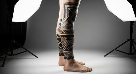 Male legs with intricate tribal leg tattoos in studio lightingの素材