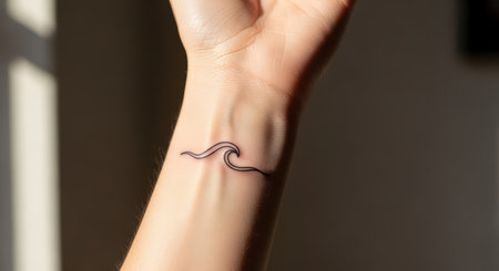 Minimalist wave tattoo on light-skinned female's wrist in sunlightの素材