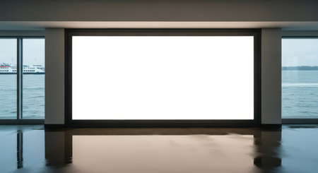 Blank screen in modern gallery with ocean view through glass windowsの素材