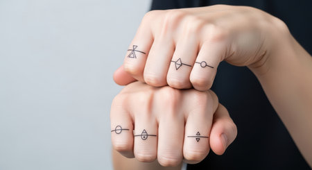 Minimalist geometric finger tattoos on caucasian adult's handsの素材