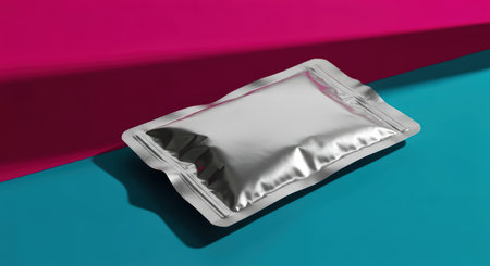 Silver foil pouch on vibrant pink and blue backgroundの素材