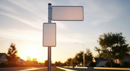 Empty road signs at sunrise on suburban streetの素材