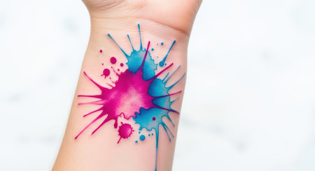 Colorful blue and magenta ink splash tattoo on wrist featuring unique designの素材