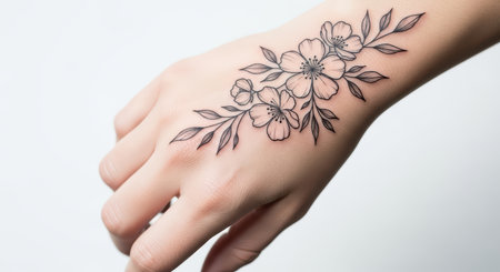 Young caucasian female's hand with floral tattoo designの素材