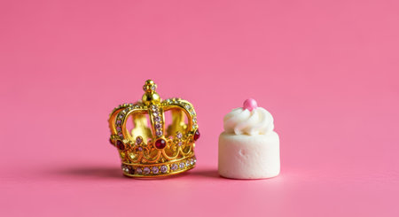 Golden crown and whipped cream dessert on pink backgroundの素材