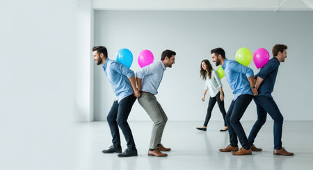 Caucasian adults team building activity with balloons in bright roomの素材