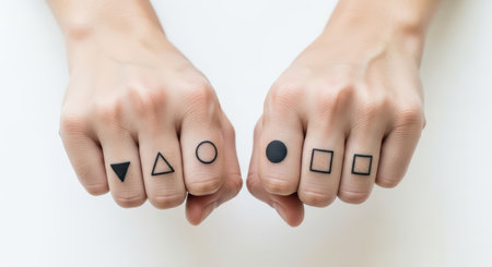 Geometric finger tattoos on caucasian female adult handsの素材