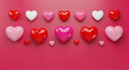 Colorful heart collection on pink background with various sizes and colorsの素材