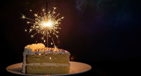 Slice of celebration cake with sparkler against dark backgroundの素材