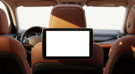 Modern car interior with rear seat entertainment screen and leather upholsteryの素材