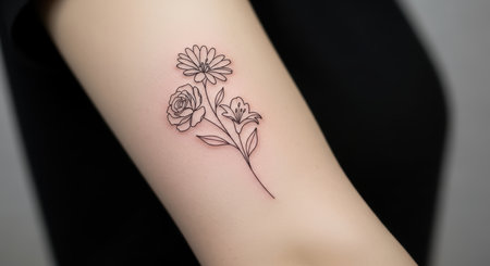Delicate floral outline tattoo on forearm of caucasian female adultの素材