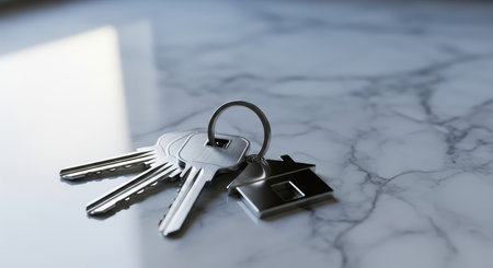 Set of silver keys with house-shaped keychain on marble surfaceの素材
