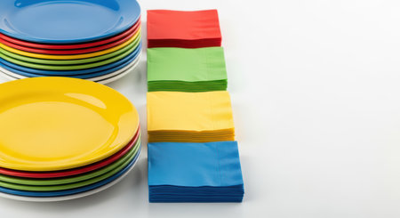 Colorful stacks of plates and napkins on white backgroundの素材